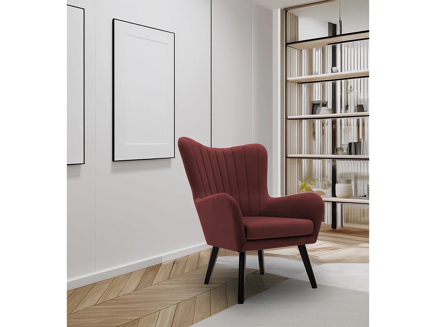 Fotel TED z tkaniny Velluto, wysoka oparcie, szerokie siedzisko, czarne nogi, pionowe przeszycia, 76x78x100 cm, bordowy 3874162 - obrazek 1