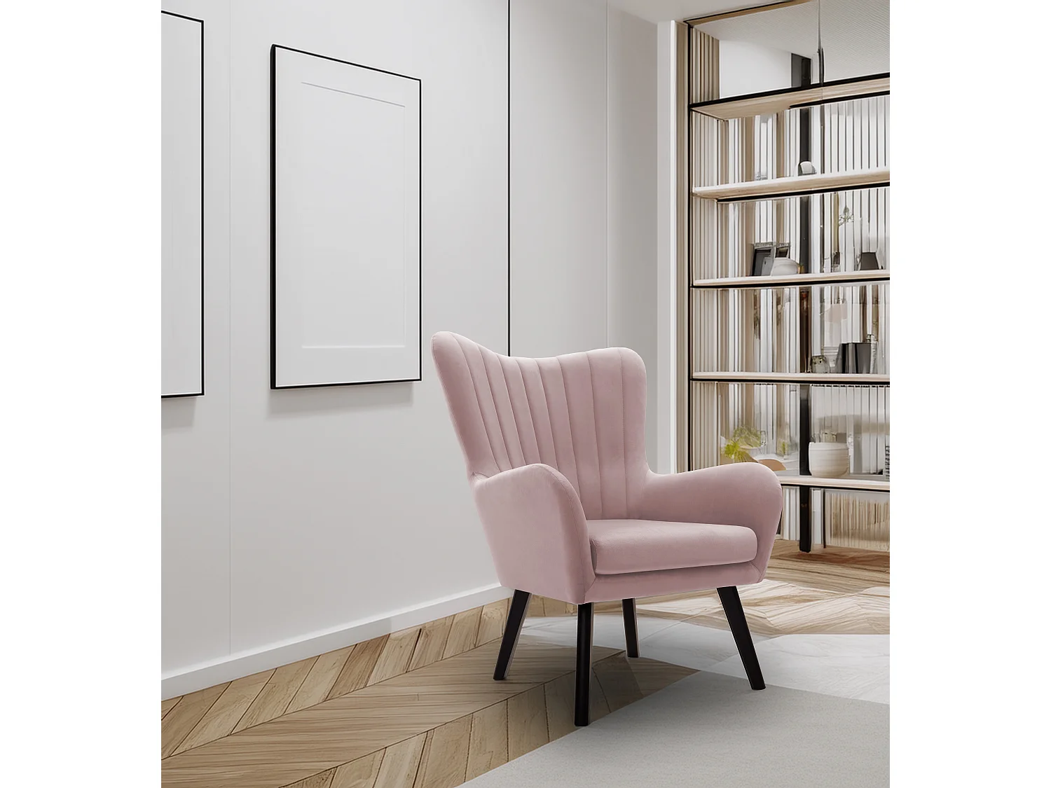 Fotel TED z tkaniny Velluto, wysoka oparcie, szerokie siedzisko, czarne nogi, pionowe przeszycia, 76x78x100 cm, pudrowy róż 3874155 - obrazek 1