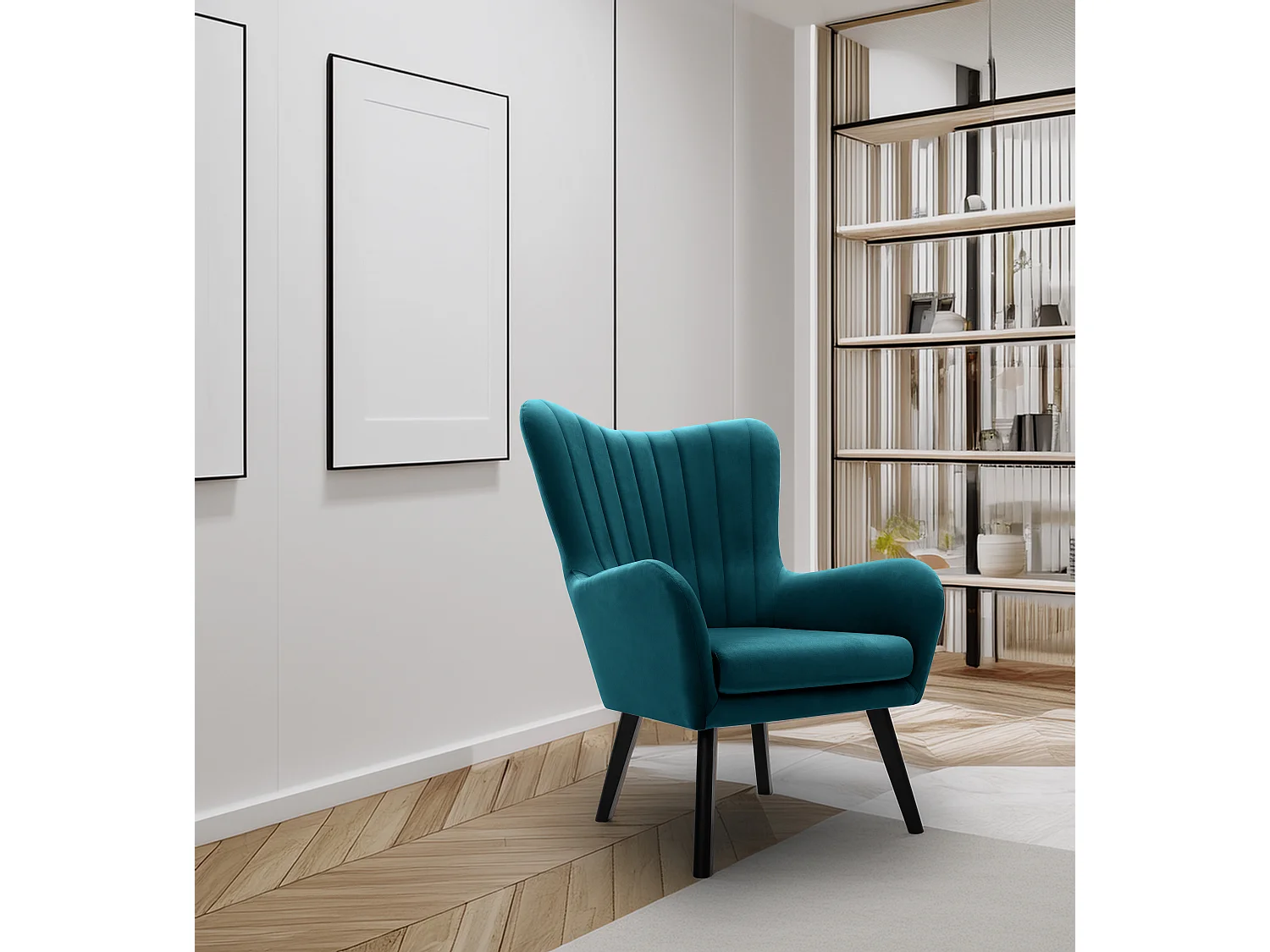 Fotel TED z tkaniny Velluto, wysoka oparcie, szerokie siedzisko, czarne nogi, pionowe przeszycia, 76x78x100 cm, turkusowy 3874168 - obrazek 1