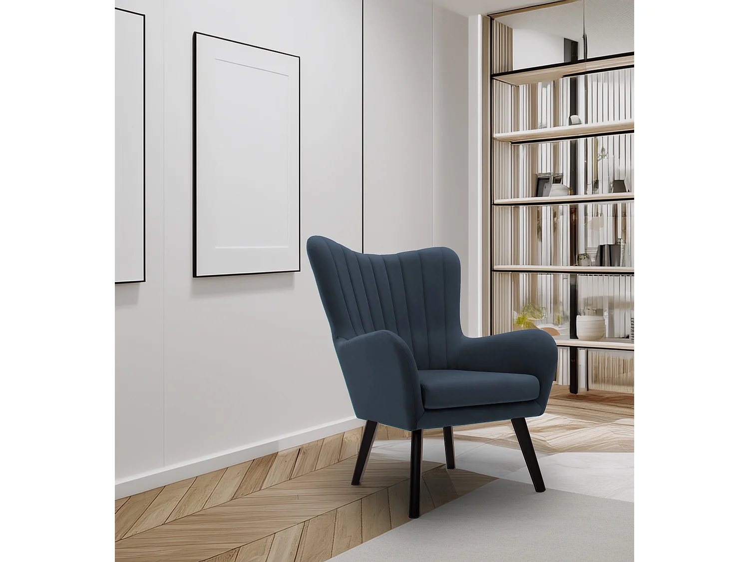 Fotel TED z tkaniny Velluto, wysoka oparcie, szerokie siedzisko, czarne nogi, pionowe przeszycia, 76x78x100 cm, granatowy 3874173 - obrazek 1