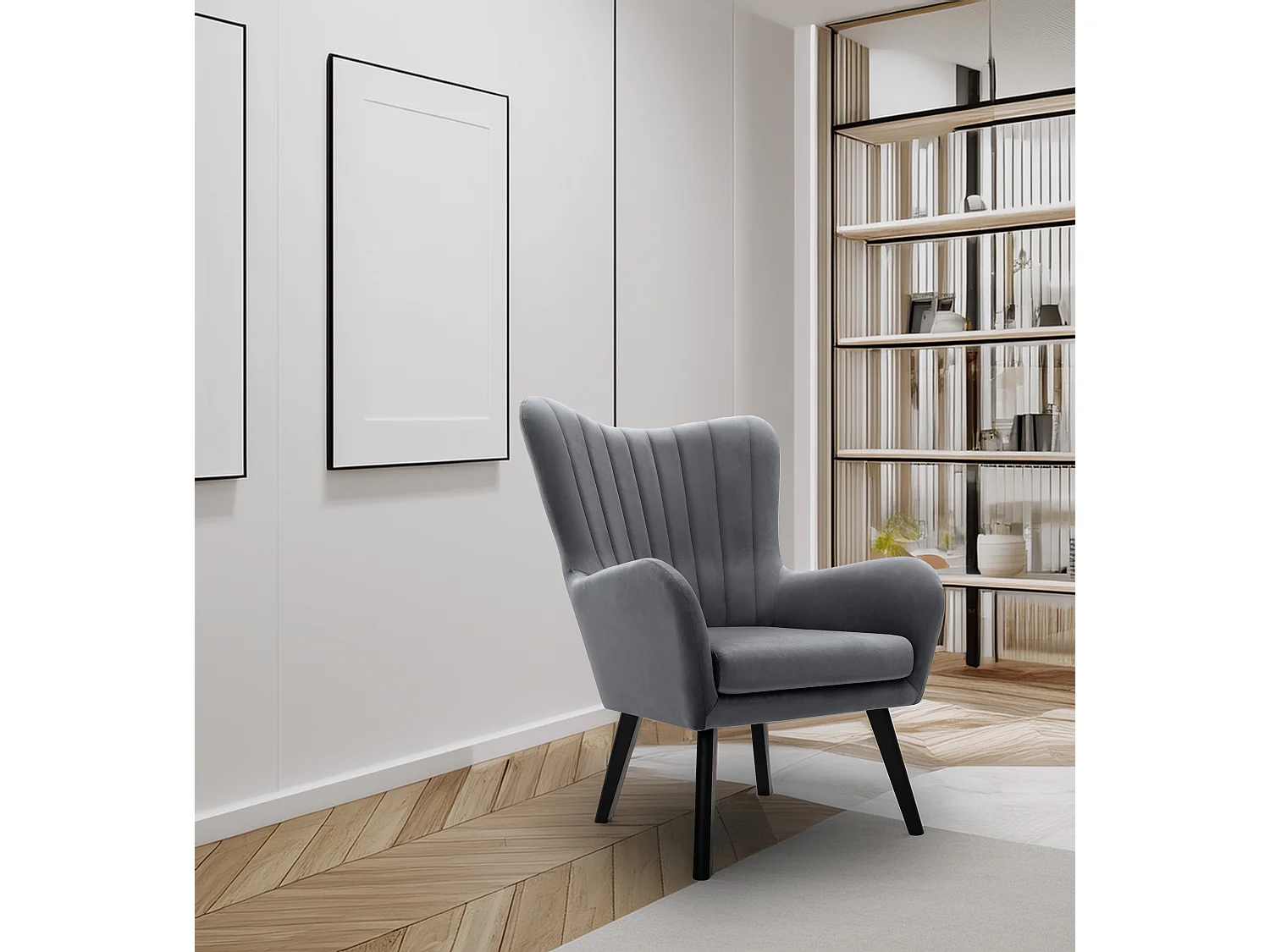 Fotel TED z tkaniny Velluto, wysoka oparcie, szerokie siedzisko, czarne nogi, pionowe przeszycia, 76x78x100 cm, szary 3874170 - obrazek 1