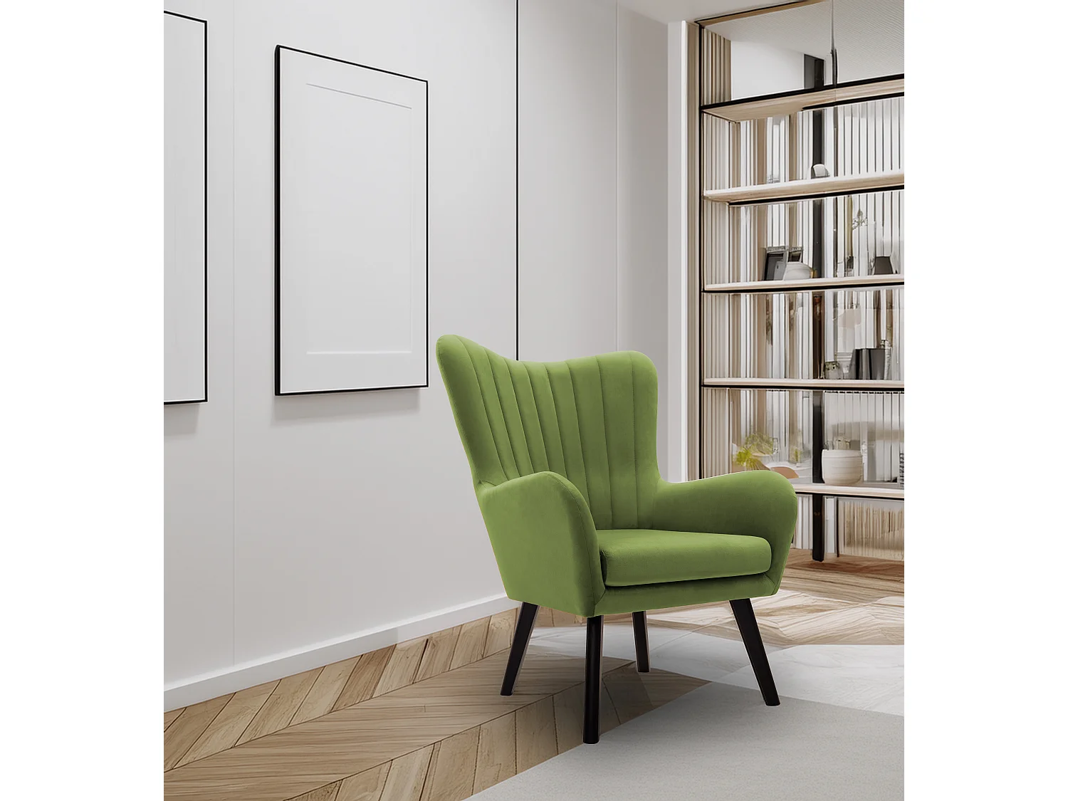Fotel TED z tkaniny Velluto, wysoka oparcie, szerokie siedzisko, czarne nogi, pionowe przeszycia, 76x78x100 cm, jasnozielony 3874175 - obrazek 1