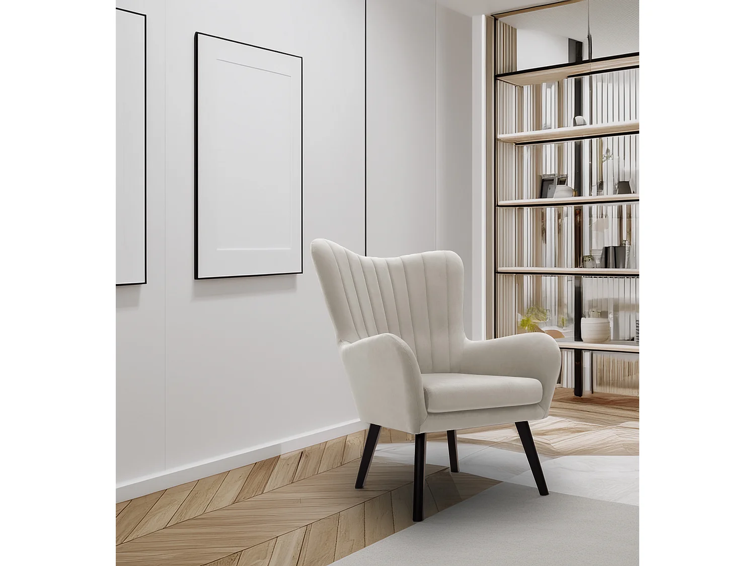 Fotel TED z tkaniny Velluto, wysoka oparcie, szerokie siedzisko, czarne nogi, pionowe przeszycia, 76x78x100 cm, jasnoszary 3874161 - obrazek 1