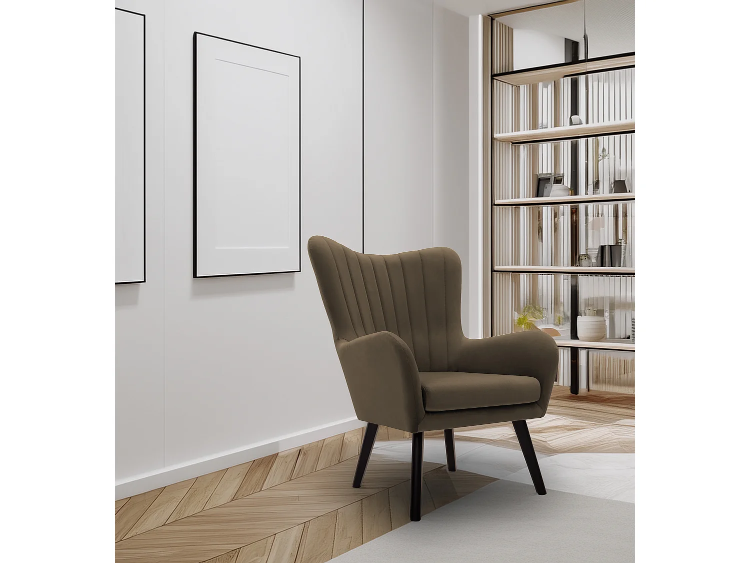 Fotel TED z tkaniny Velluto, wysoka oparcie, szerokie siedzisko, czarne nogi, pionowe przeszycia, 76x78x100 cm, ciemnozielony 3874177 - obrazek 1