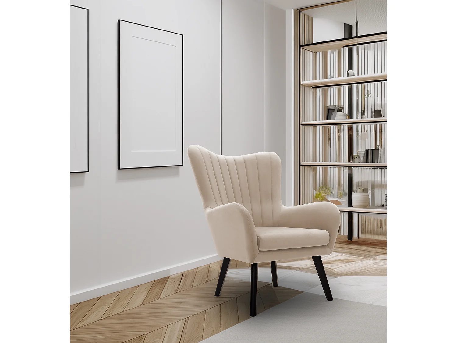Fotel TED z tkaniny Velluto, wysoka oparcie, szerokie siedzisko, czarne nogi, pionowe przeszycia, 76x78x100 cm, beżowy 3874178 - obrazek 1