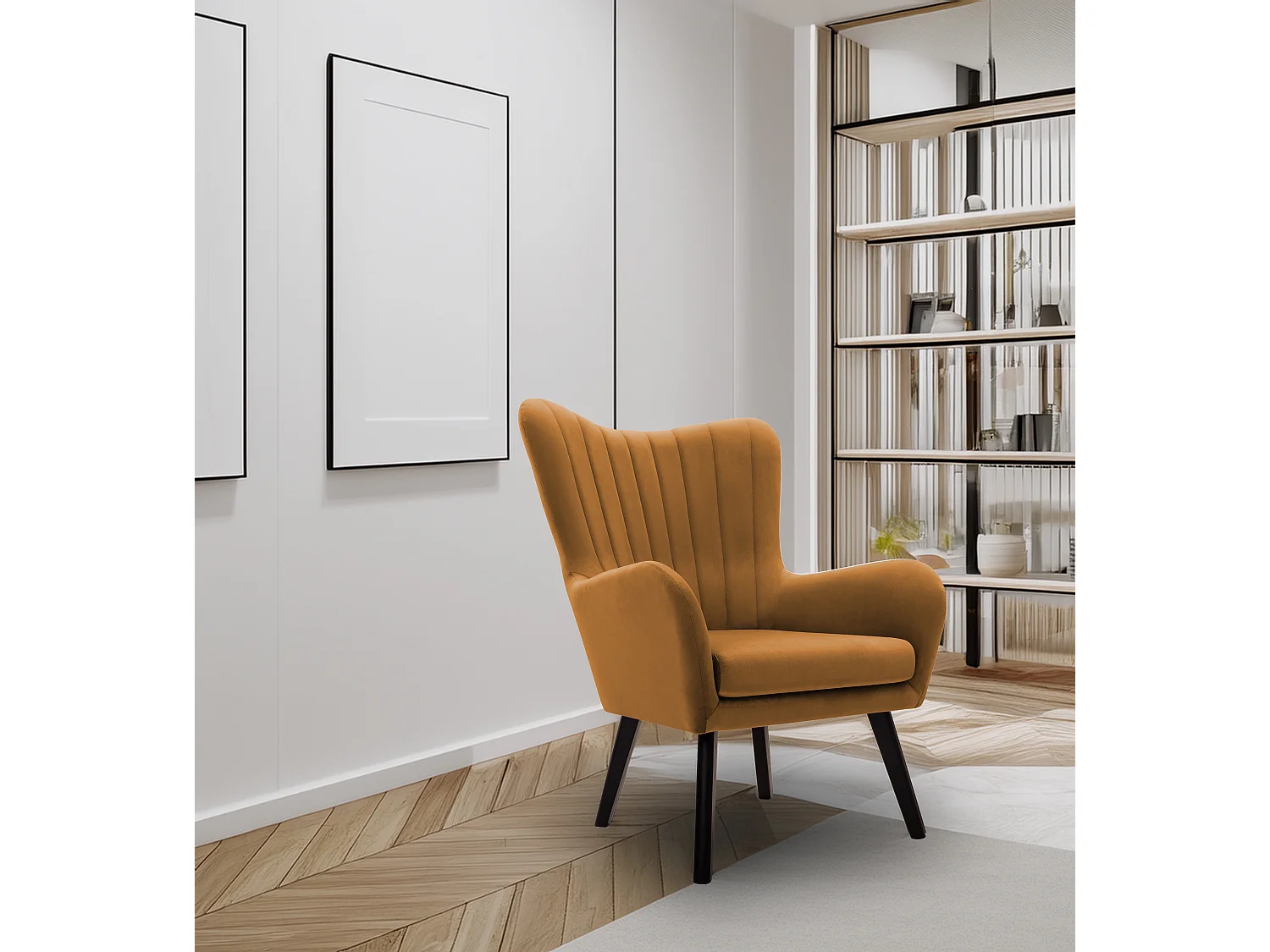 Fotel TED z tkaniny Velluto, wysoka oparcie, szerokie siedzisko, czarne nogi, pionowe przeszycia, 76x78x100 cm, złoty 3874180 - obrazek 1