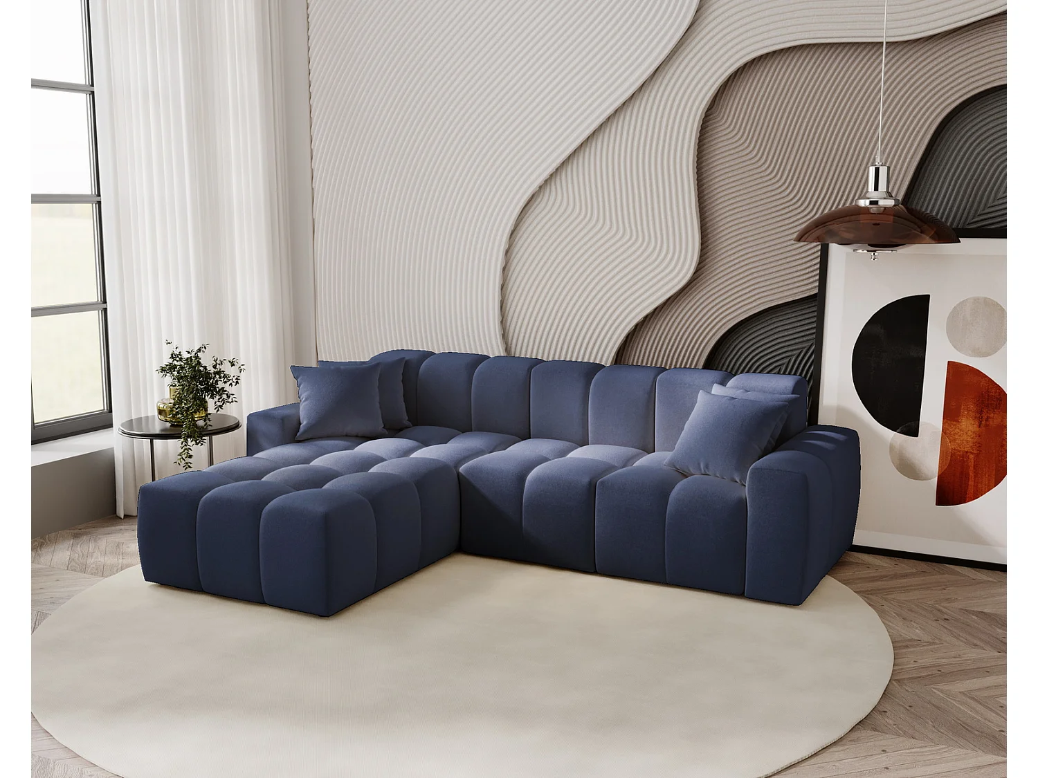 Narożnik do salonu Napoli z grubą pianką, miękka sofa narożna w nowoczesnym stylu, lewostronny, niebieski 4019247 - obrazek 1