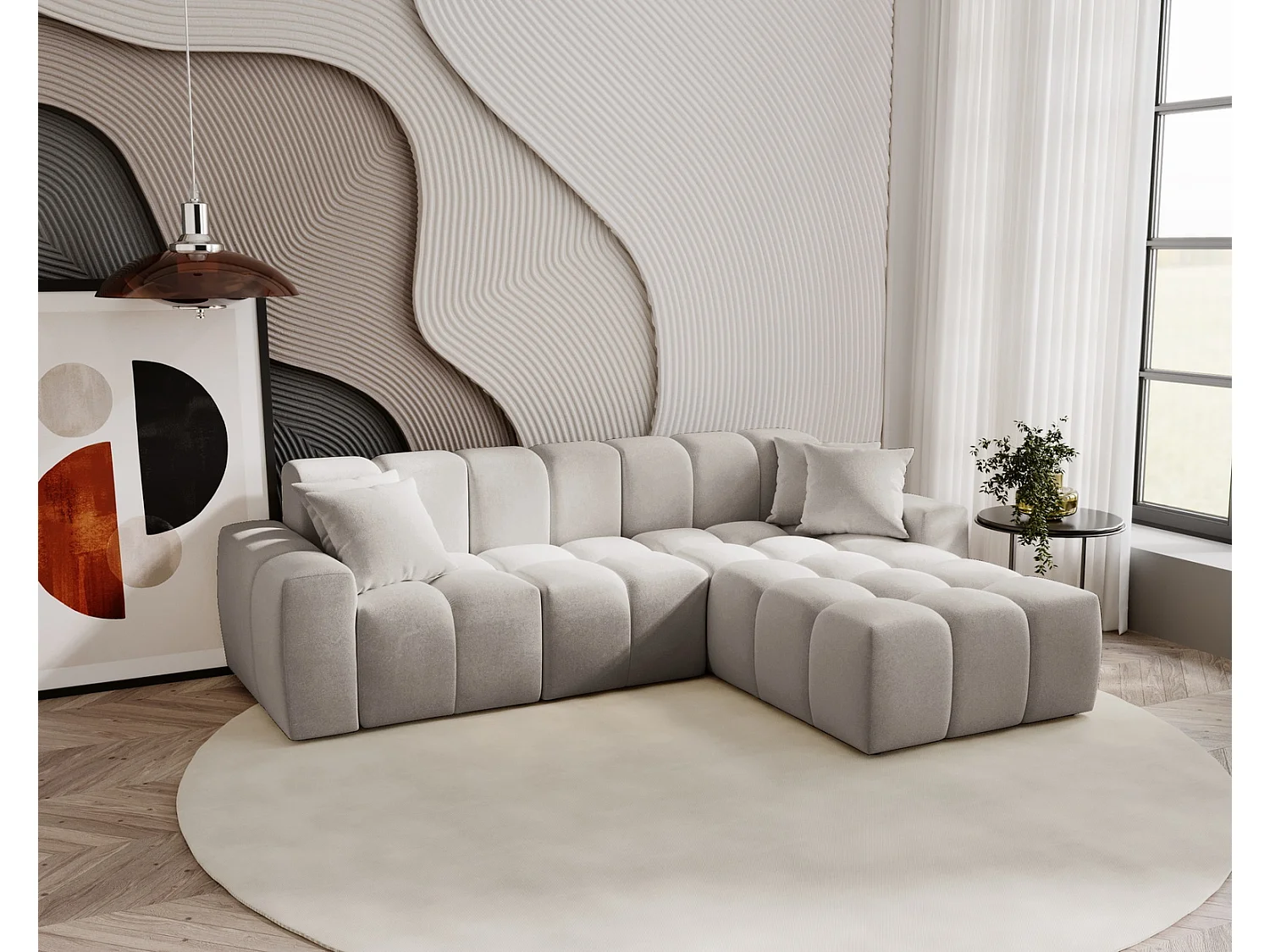 Narożnik do salonu Napoli z grubą pianką, miękka sofa narożna w nowoczesnym stylu, prawostronny, jasnoszary 4019250 - obrazek 1