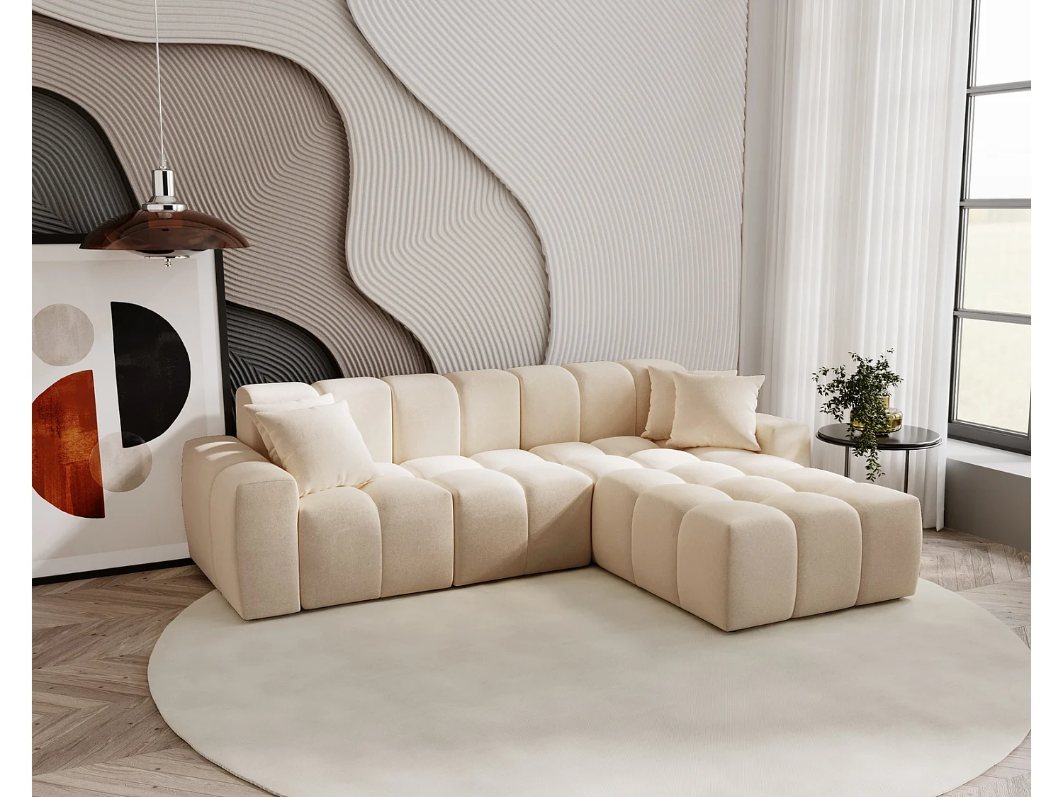Narożnik do salonu Napoli z grubą pianką, miękka sofa narożna w nowoczesnym stylu, prawostronny, beżowy 4019257 - obrazek 1