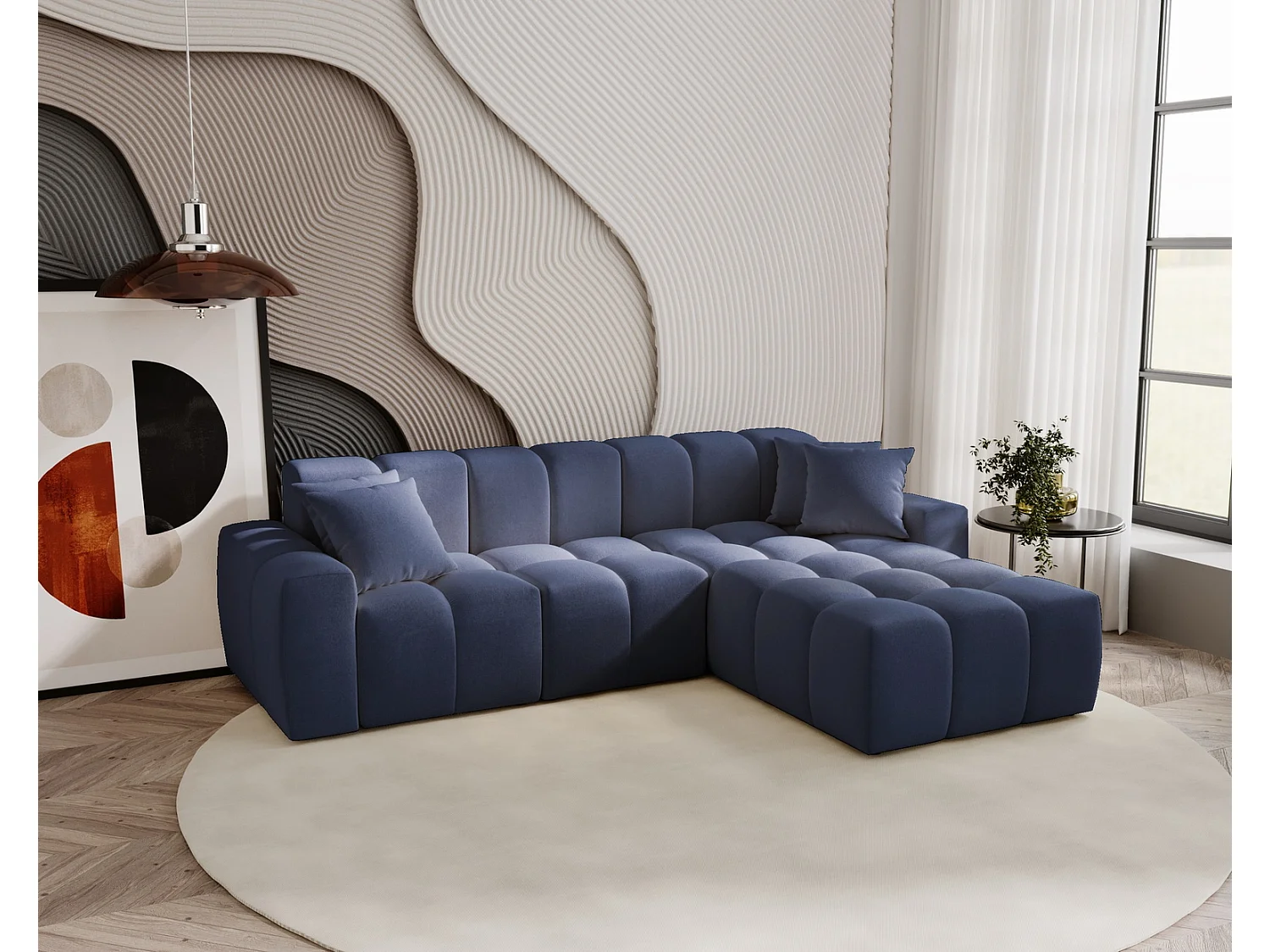 Narożnik do salonu Napoli z grubą pianką, miękka sofa narożna w nowoczesnym stylu, prawostronny, niebieski 4019268 - obrazek 1