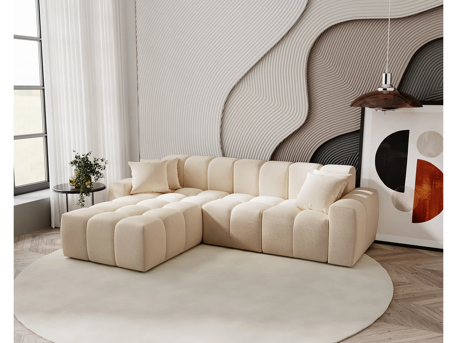 Narożnik do salonu Napoli z grubą pianką, miękka sofa narożna w nowoczesnym stylu, lewostronny, beżowy 4019272 - obrazek 1