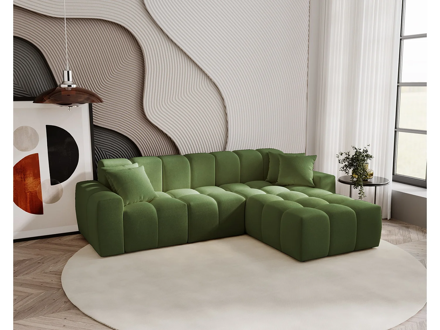 Narożnik do salonu Napoli z grubą pianką, miękka sofa narożna w nowoczesnym stylu, prawostronny, zielony 4019269 - obrazek 1