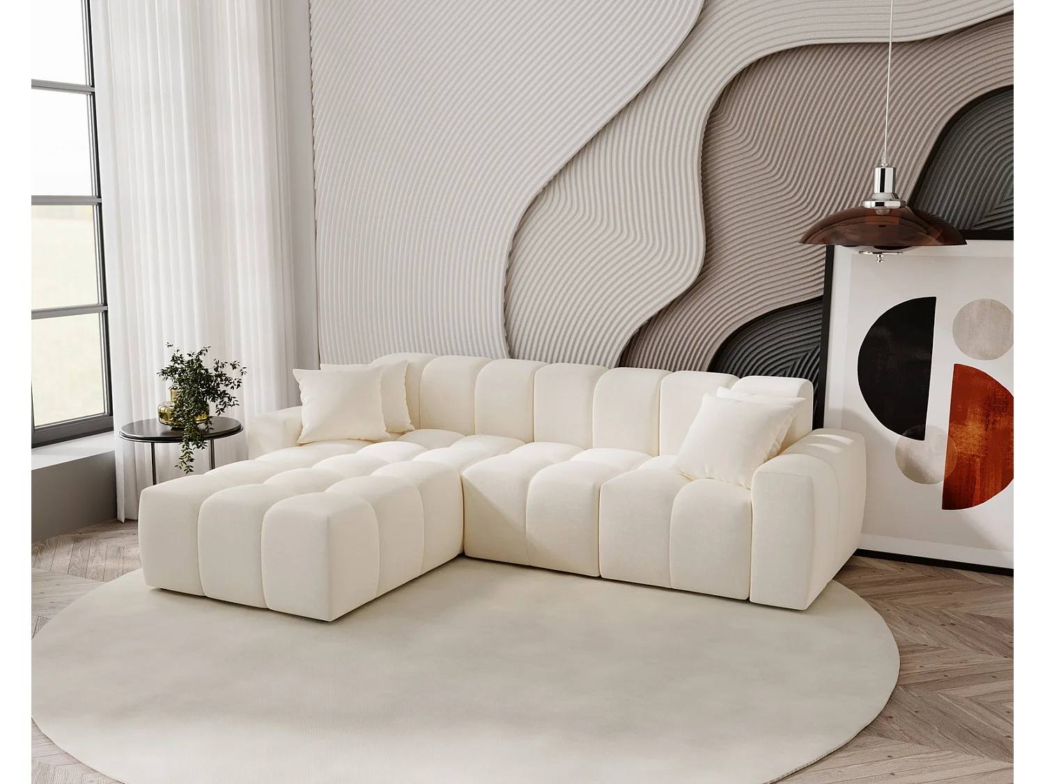 Narożnik do salonu Napoli z grubą pianką, miękka sofa narożna w nowoczesnym stylu, lewostronny, kremowy 4019273 - obrazek 1