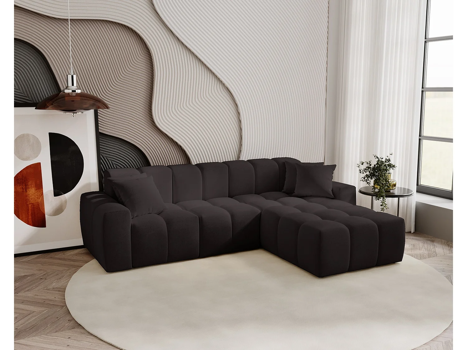 Narożnik do salonu Napoli z grubą pianką, miękka sofa narożna w nowoczesnym stylu, prawostronny, czarny 4019275 - obrazek 1