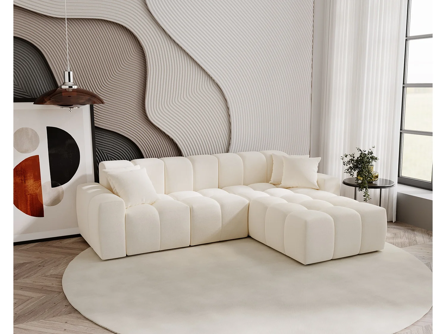 Narożnik do salonu Napoli z grubą pianką, miękka sofa narożna w nowoczesnym stylu, prawostronny, kremowy 4019279 - obrazek 1