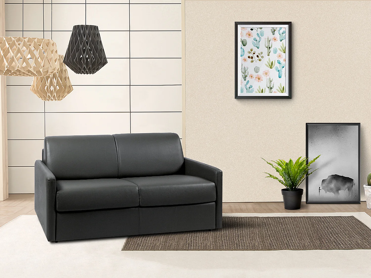 Kanapa 2-osobowa z ekspresowym mechanizmem rozkładania z ekoskóry CALIFE - Kolor: czarny - Miejsce do spania: 120 cm - Materac 18 cm 96059 - obrazek 1