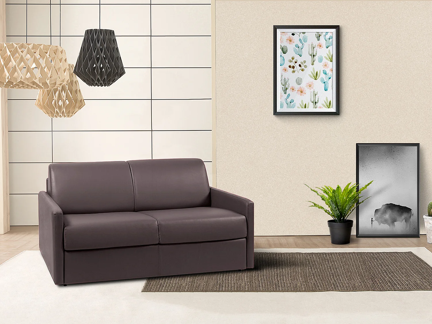 Kanapa 2-osobowa z ekspresowym mechanizmem rozkładania z ekoskóry CALIFE - Kolor: brązowy - Miejsce do spania: 120 cm - Materac 18 cm 96071 - obrazek 1
