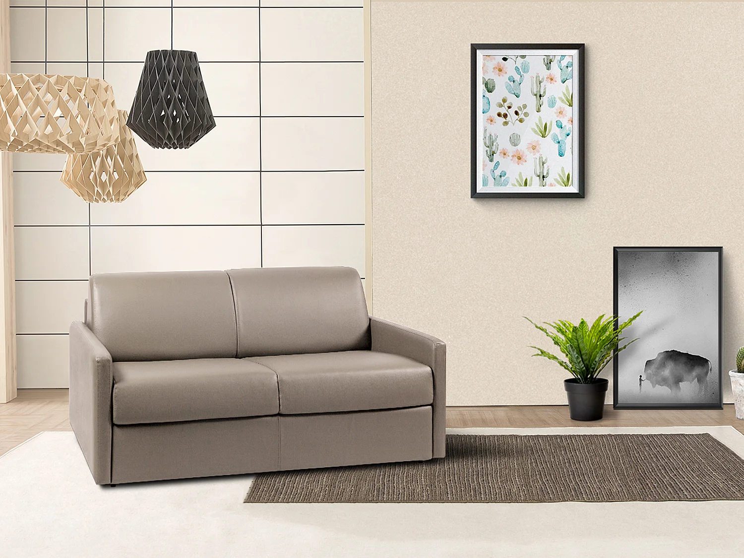 Kanapa 2-osobowa z ekspresowym mechanizmem rozkładania z ekoskóry CALIFE - Kolor: taupe - Miejsce do spania: 120 cm - Materac 18 cm 96041 - obrazek 1