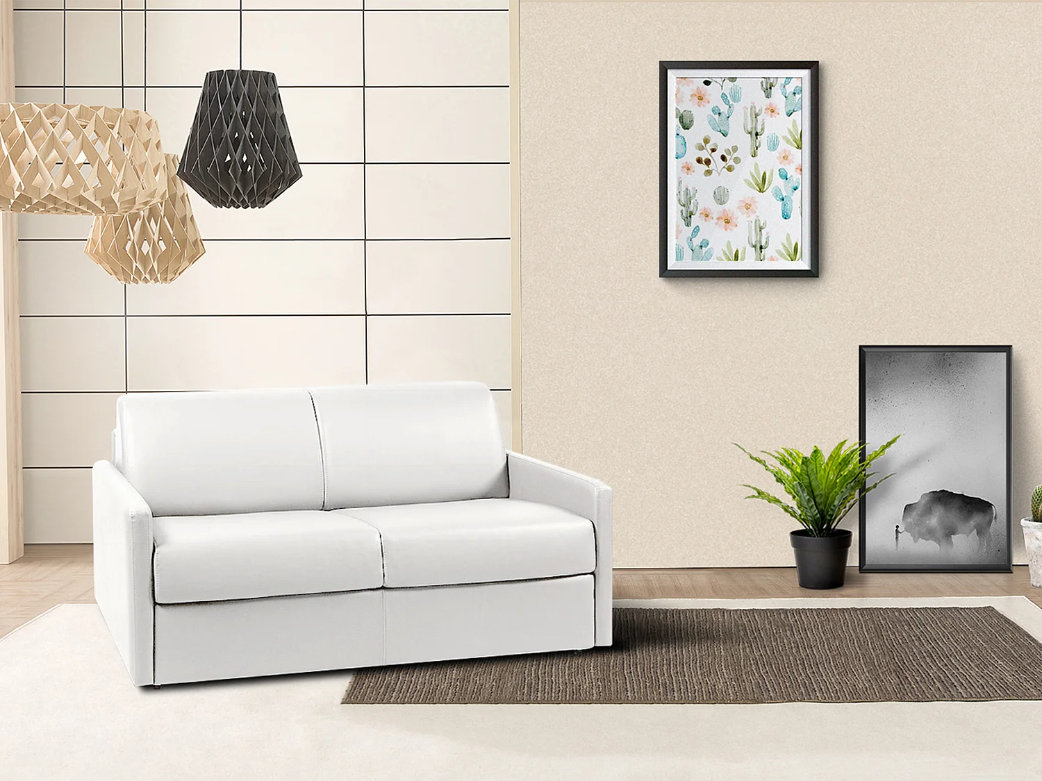 Kanapa 2-osobowa z ekspresowym mechanizmem rozkładania z ekoskóry CALIFE - Kolor: biały - Miejsce do spania: 120 cm - Materac 22 cm z pamięcią kształtu 96111 - obrazek 1