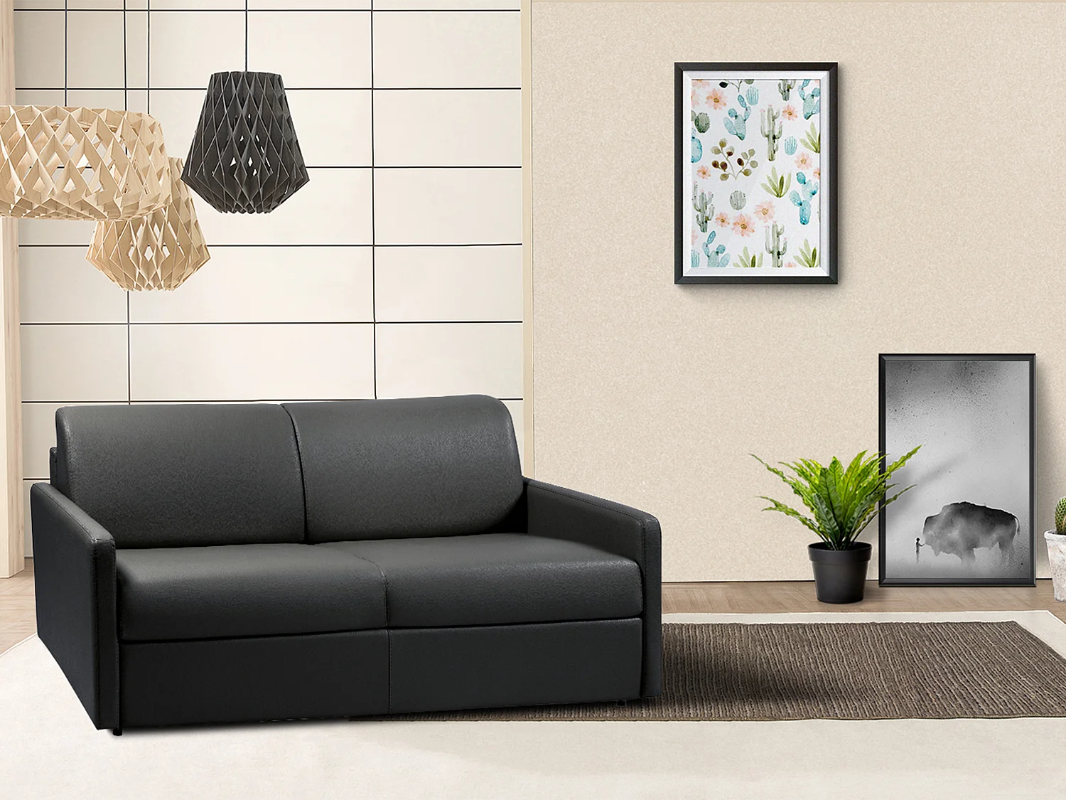 Kanapa 3-osobowa z ekspresowym mechanizmem rozkładania z ekoskóry CALIFE - Kolor: czarny - Wymiary miejsca do spania: 140 cm - Materac 22 cm z pamięcią kształtu 96067 - obrazek 1