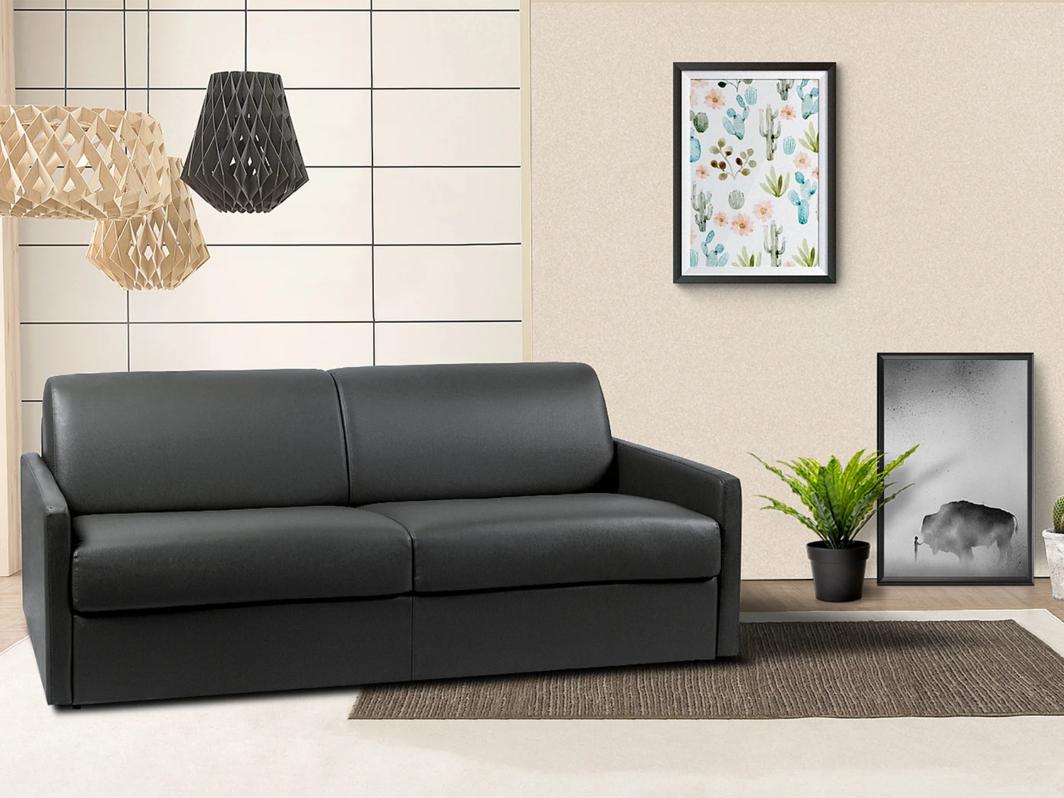 Kanapa 4-osobowa z ekspresowym mechanizmem rozkładania z ekoskóry CALIFE - Kolor: czarny - Wymiary miejsca do spania: 160 cm - Materac 14 cm 96057 - obrazek 1
