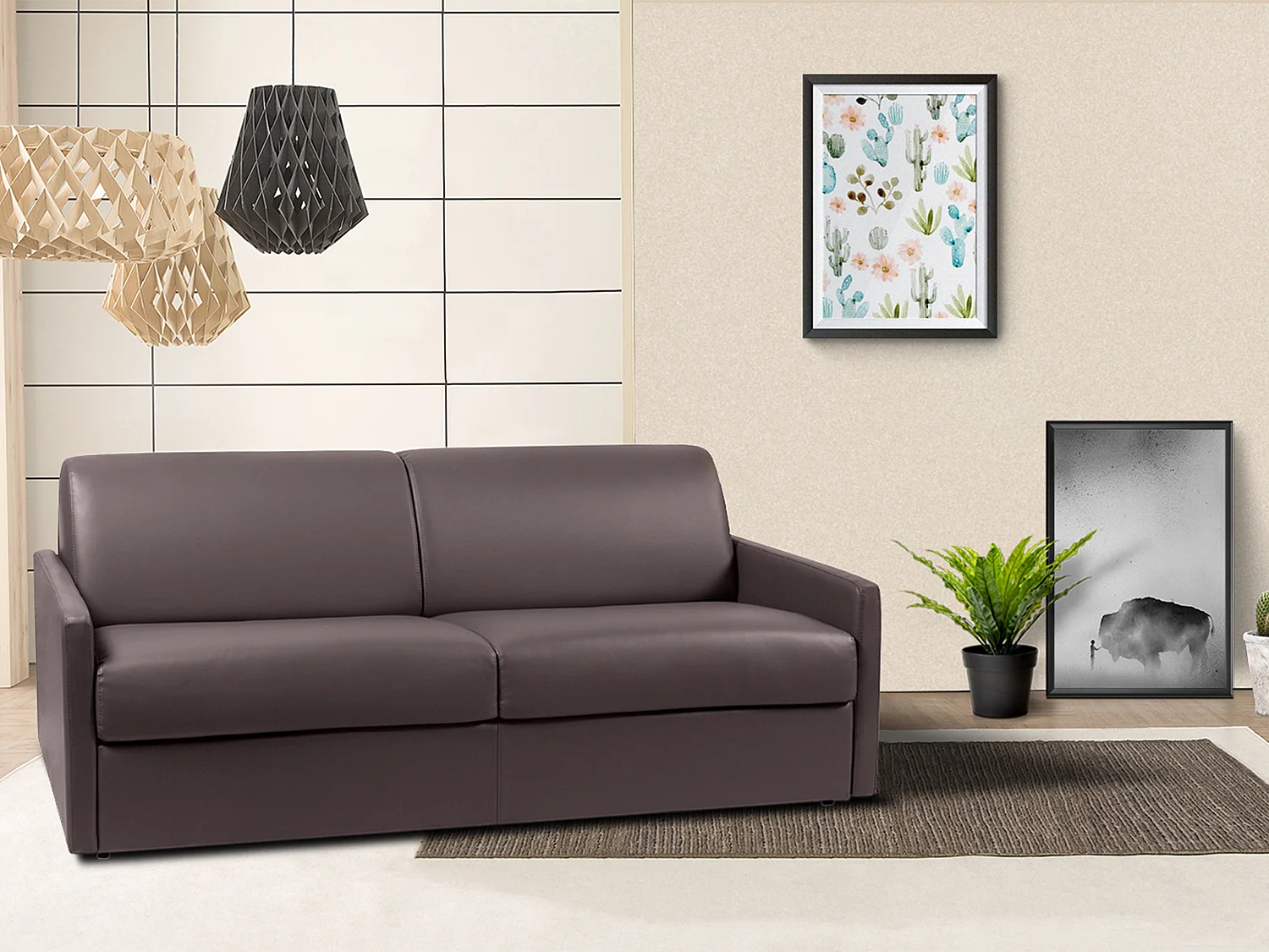 Kanapa 4-osobowa z ekspresowym mechanizmem rozkładania z ekoskóry CALIFE - Kolor: brązowy - Wymiary miejsca do spania: 160 cm - Materac 18 cm 96075 - obrazek 1