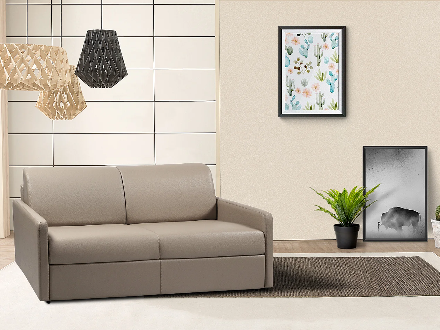 Kanapa 3-osobowa z ekspresowym mechanizmem rozkładania z ekoskóry CALIFE - Kolor: taupe - Wymiary miejsca do spania: 140 cm - Materac 18 cm 96043 - obrazek 1