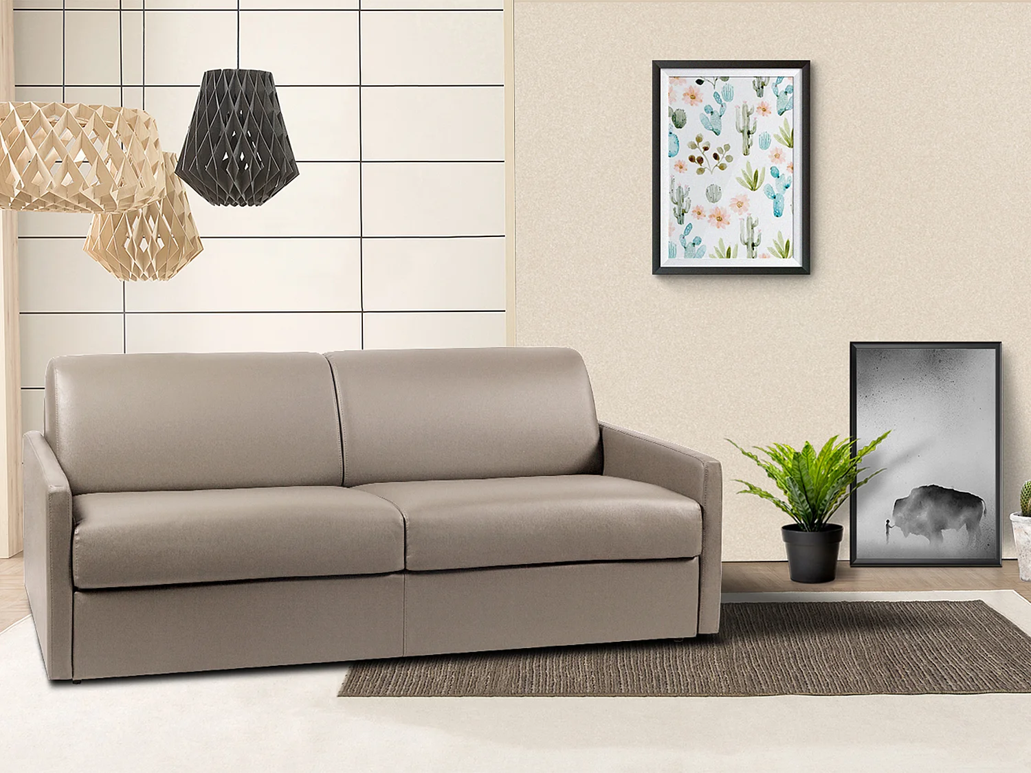 Kanapa 4-osobowa z ekspresowym mechanizmem rozkładania z ekoskóry CALIFE - Kolor: taupe - Wymiary miejsca do spania: 160 cm - Materac 22 cm z pamięcią kształtu 96051 - obrazek 1