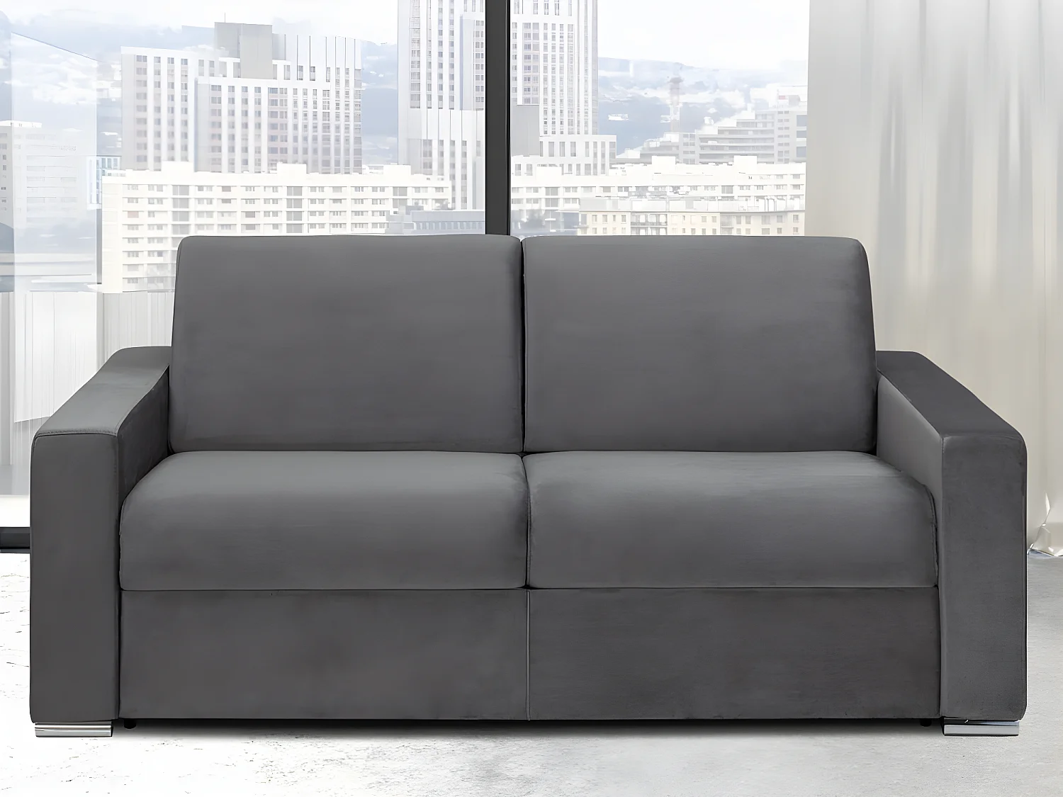 Kanapa 3-osobowa rozkładana z weluru CALITO - Kolor antracytowy - Łóżko 140 cm - Materac 22 cm 137749 - obrazek 1