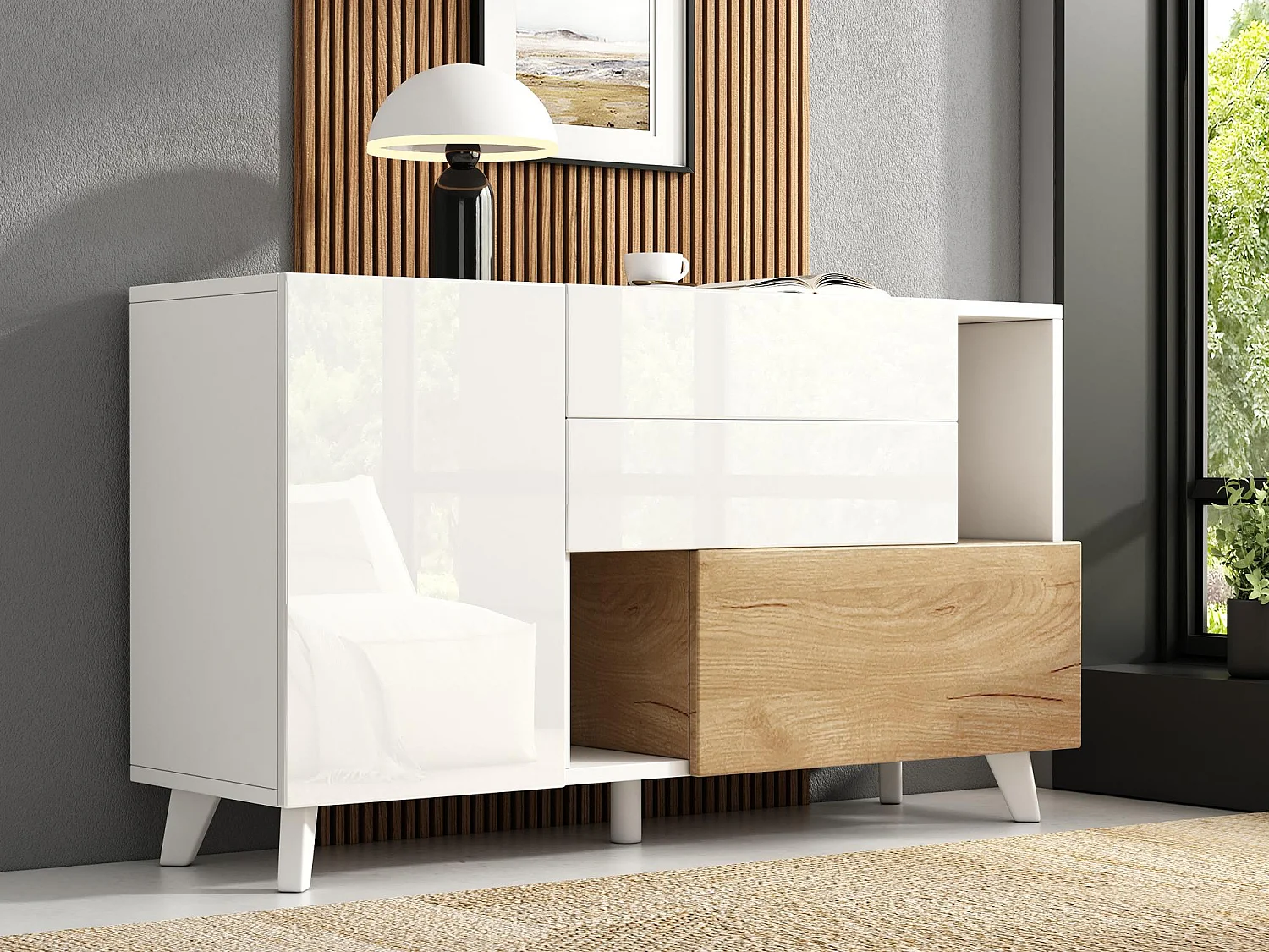 Biały bufet 130x40x70cm - 2 drzwi - 2 szuflady - z przegrodami do przechowywania 4029548 - obrazek 1