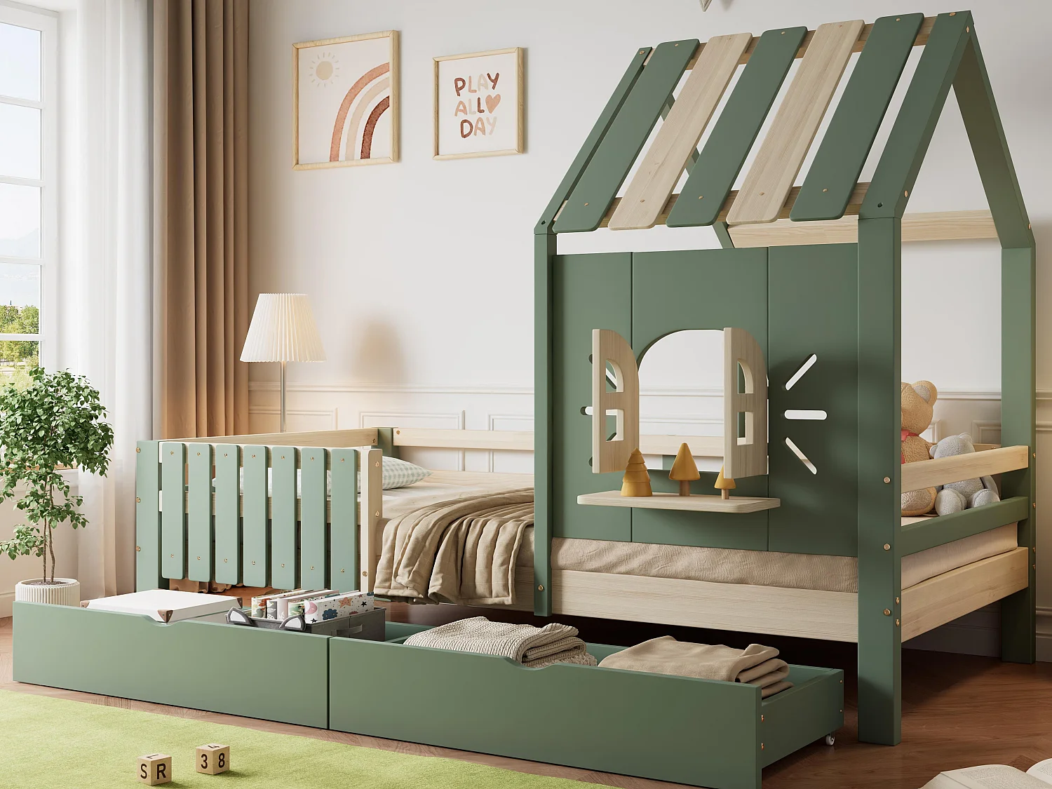 Łóżko dziecięce 90x200 cm - z dachem i oknem - z ogrodzeniem - z 2 szufladami - drewno lite + MDF - zielone + naturalne 4029668 - obrazek 1
