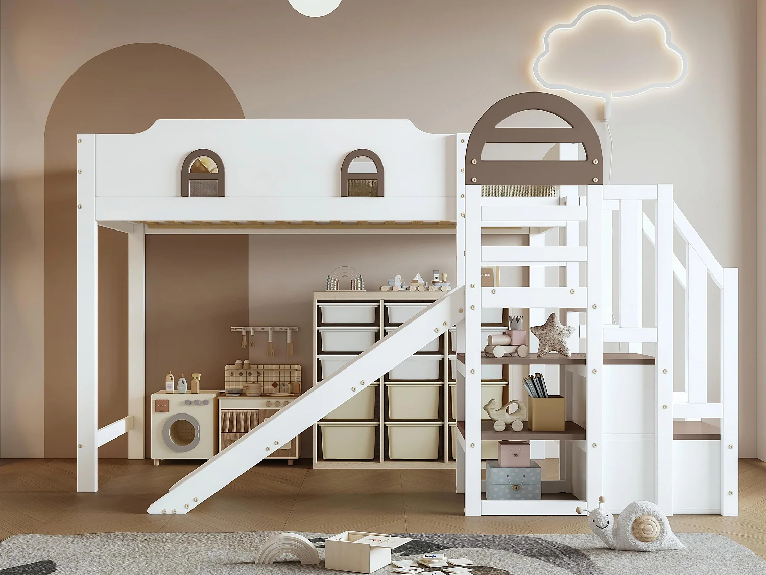 Łóżko mezzanine 90x200cm - z oknem - ze zjeżdżalnią - schody z poręczą - drewno lite + MDF - biały + brązowy 4029696 - obrazek 1