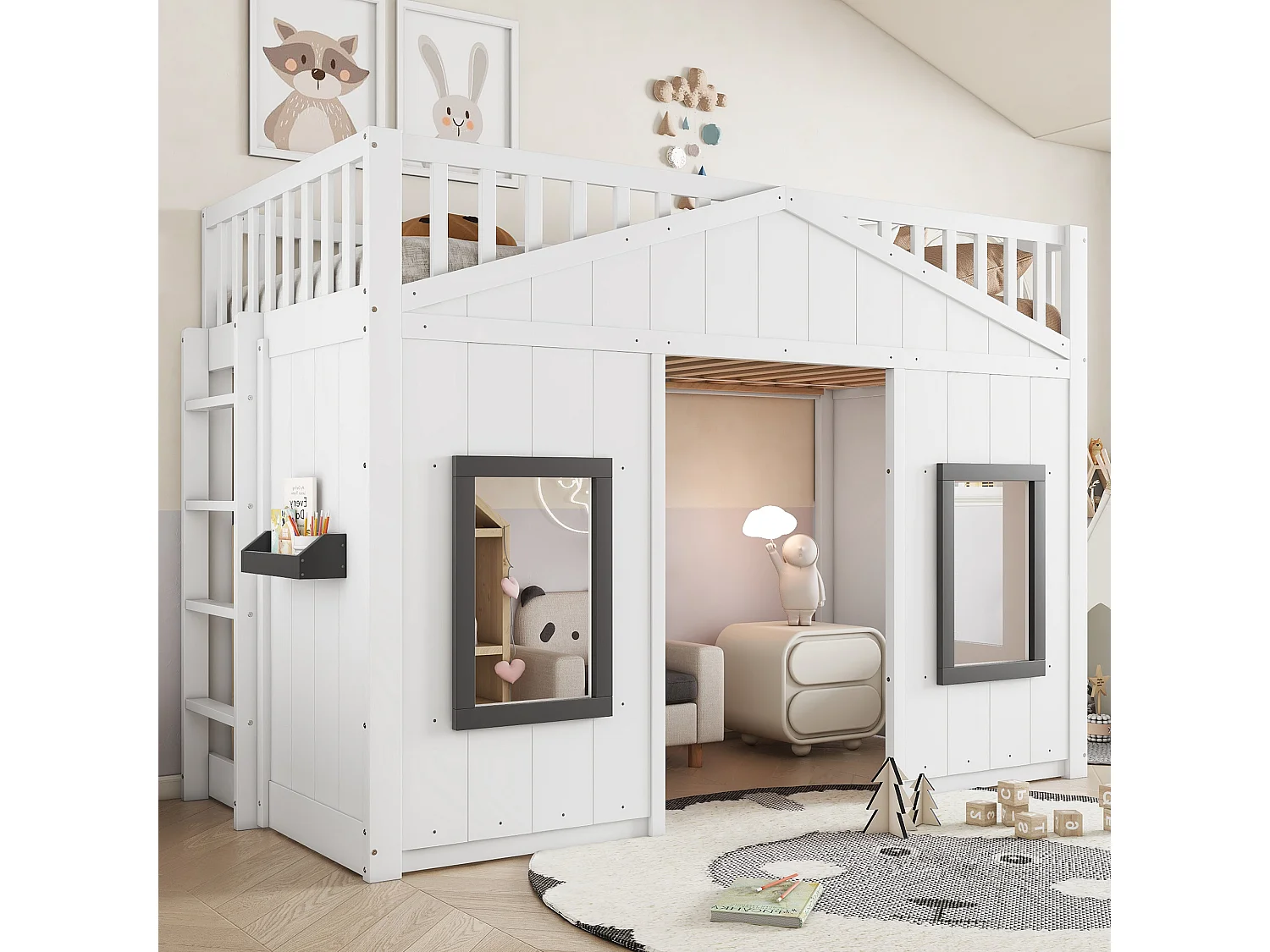 Łóżko mezzanine 90x200 cm - z balustradą i schodami - z 2 oknami - drewno lite + MDF - białe 4030386 - obrazek 1