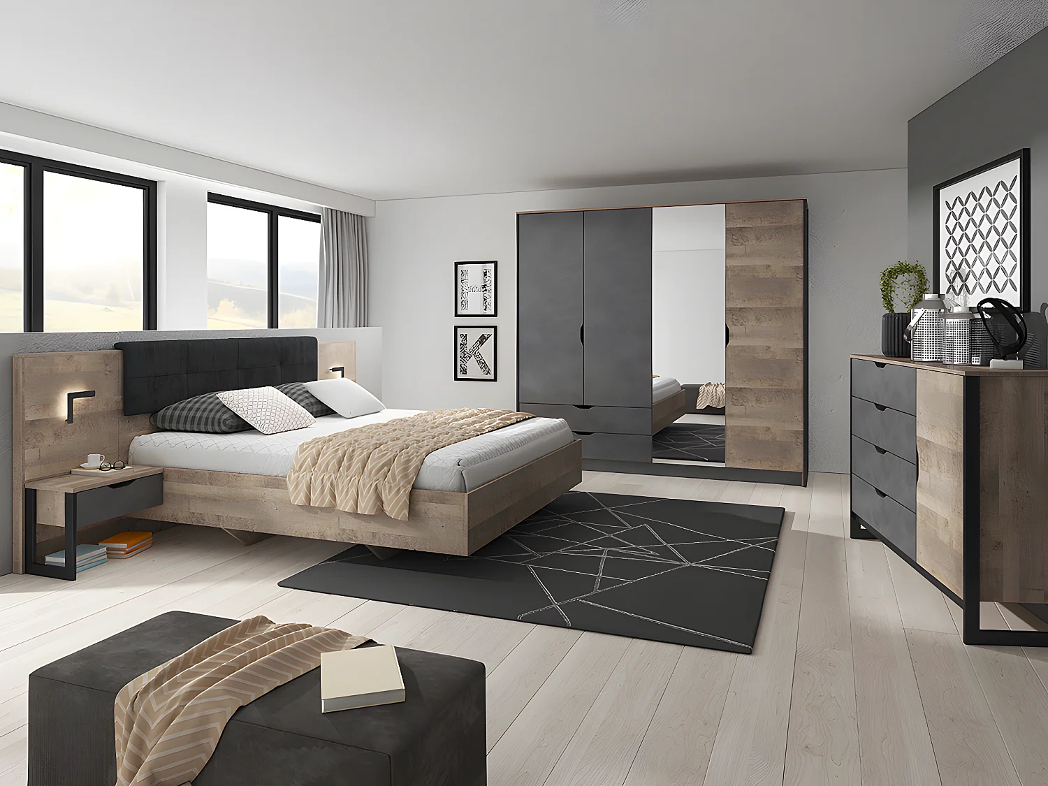 Łóżko z szafkami nocnymi 160 × 200 cm – oświetlenie LED – Kolory: Naturalny i antracytowy – LAONILE 137379