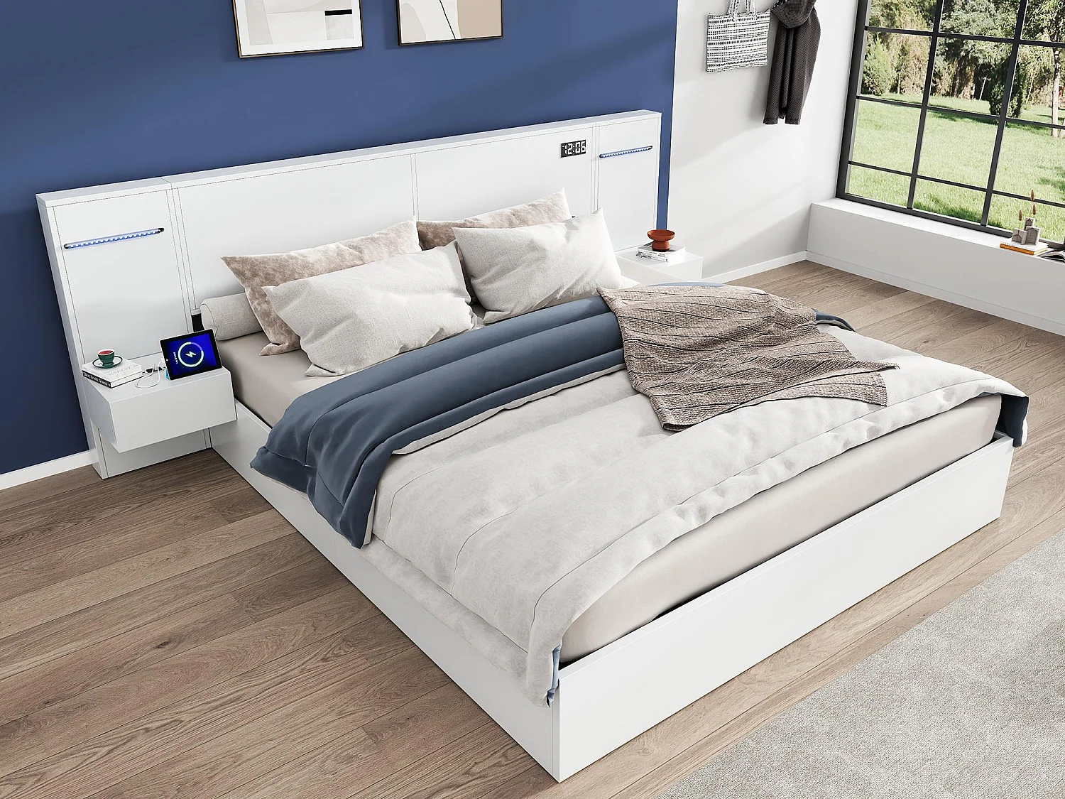 Łóżko dwuosobowe z drewna 180x200 cm - z 2 stolikami nocnymi - z portem ładowania USB, głośnikiem Bluetooth i zegarem cyfrowym - Białe 4038700 - obrazek 1
