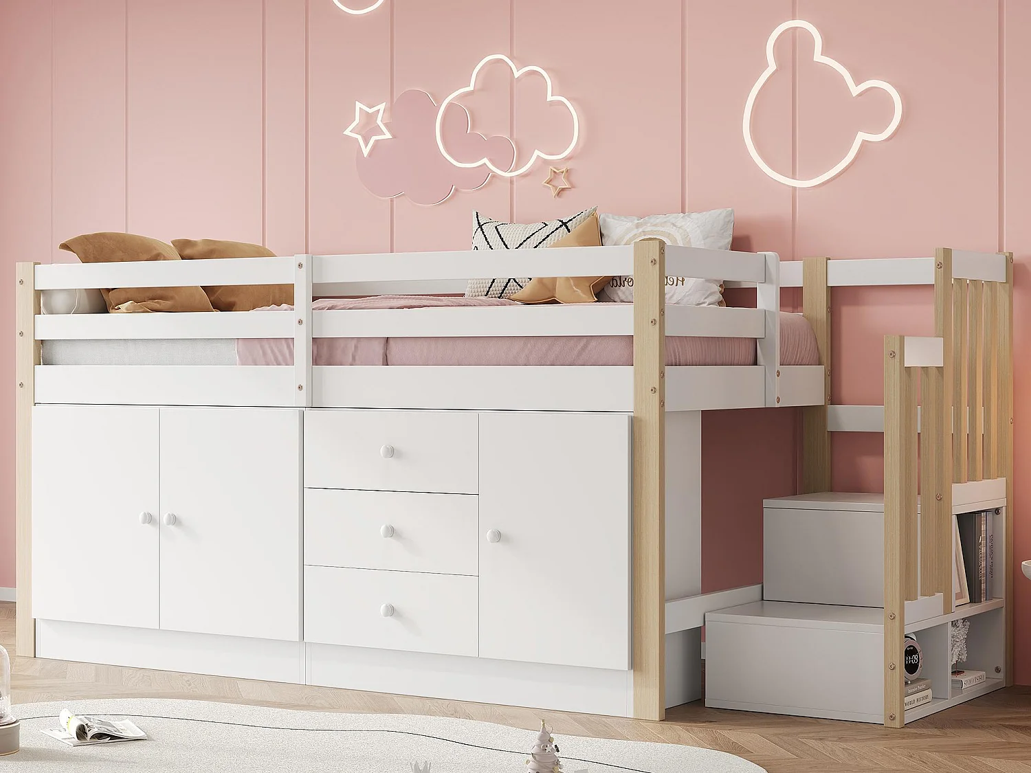 Łóżko mezzanine dla dzieci 90x200 cm - z szafkami i szufladami - Białe + Naturalne 4038819 - obrazek 1