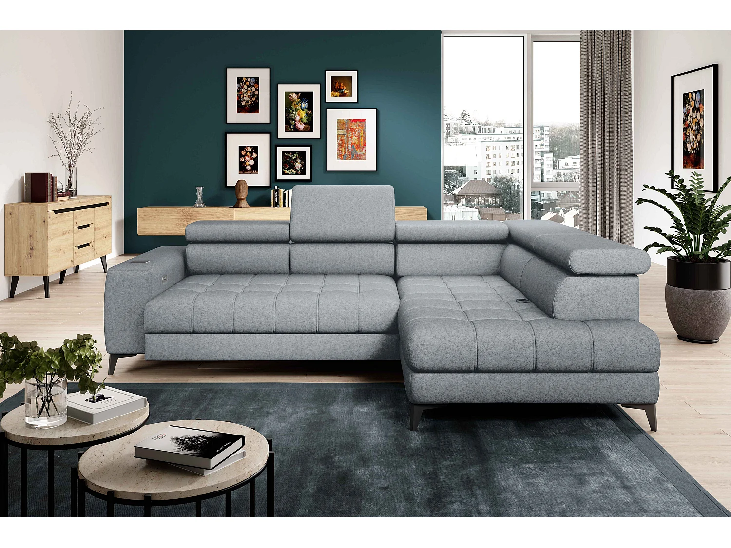 BAGGIO narożnik 280×196 z funkcją spania, pojemnikiem, regulacją siedziska, zagłówkami, tkanina Letto, prawa strona, jasnoszary 4047308