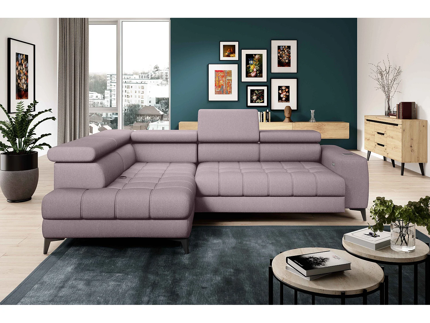 BAGGIO narożnik 280×196 z funkcją spania, pojemnikiem, regulacją siedziska, zagłówkami, tkanina Letto, lewa strona, pudrowy róż 4047311
