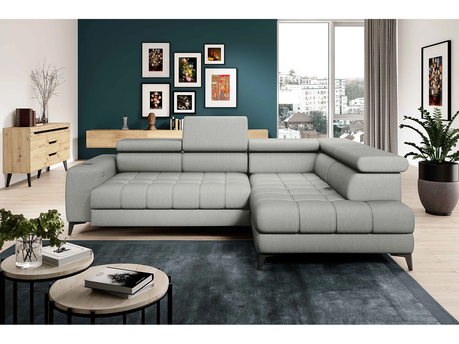 BAGGIO narożnik 280×196 z funkcją spania, pojemnikiem, regulacją siedziska, zagłówkami, tkanina Letto, prawa strona, jesion 4047309