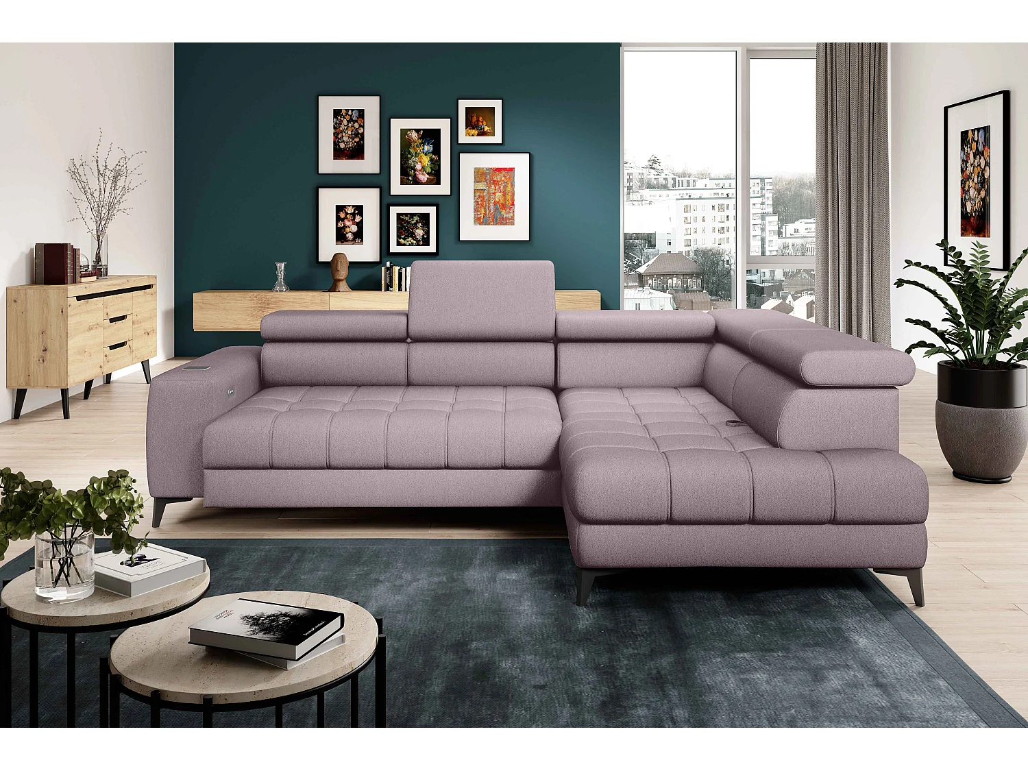 BAGGIO narożnik 280×196 z funkcją spania, pojemnikiem, regulacją siedziska, zagłówkami, tkanina Letto, prawa strona, pudrowy róż 4047313