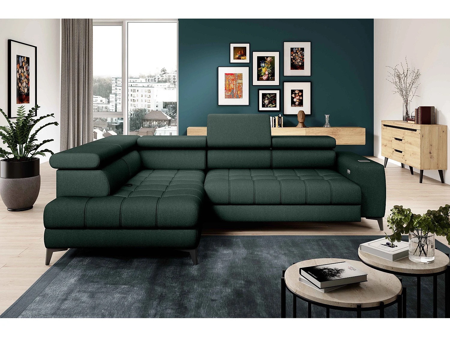 BAGGIO narożnik 280×196 z funkcją spania, pojemnikiem, regulacją siedziska, zagłówkami, tkanina Letto, lewa strona, ciemnozielony 4047312
