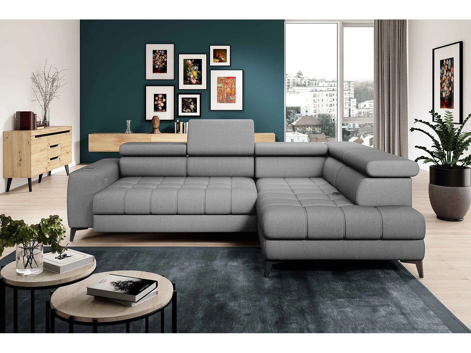 BAGGIO narożnik 280×196 z funkcją spania, pojemnikiem, regulacją siedziska, zagłówkami, tkanina Letto, prawa strona, szary 4047314