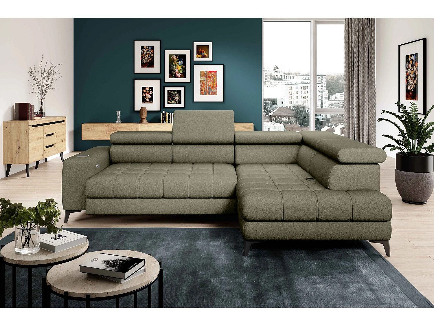 BAGGIO narożnik 280×196 z funkcją spania, pojemnikiem, regulacją siedziska, zagłówkami, tkanina Letto, prawa strona, jasnozielony 4047315