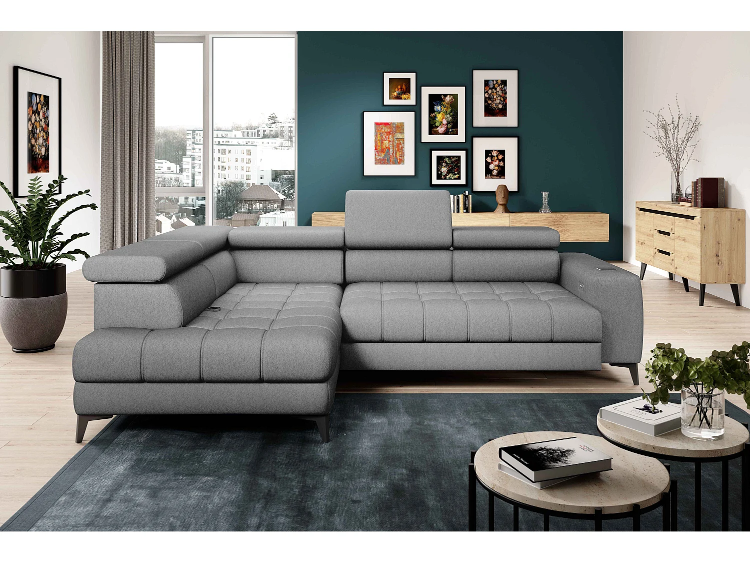 BAGGIO narożnik 280×196 z funkcją spania, pojemnikiem, regulacją siedziska, zagłówkami, tkanina Letto, lewa strona, szary 4047316