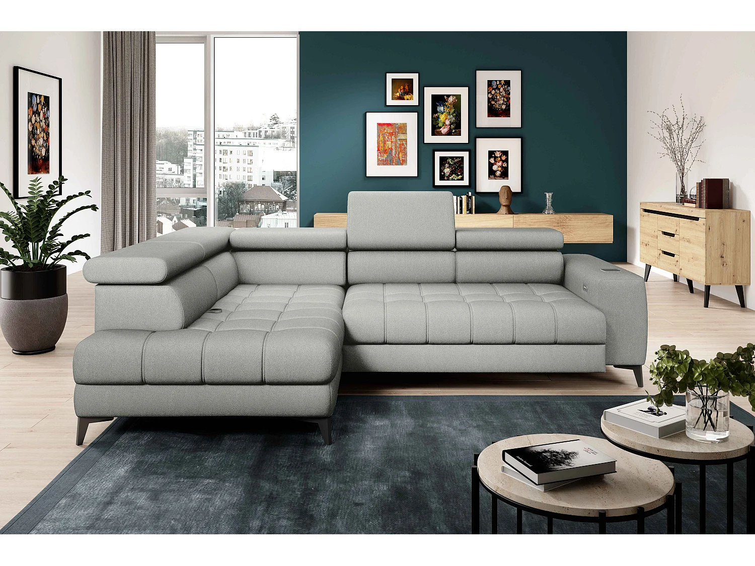 BAGGIO narożnik 280×196 z funkcją spania, pojemnikiem, regulacją siedziska, zagłówkami, tkanina Letto, lewa strona, jesion 4047317