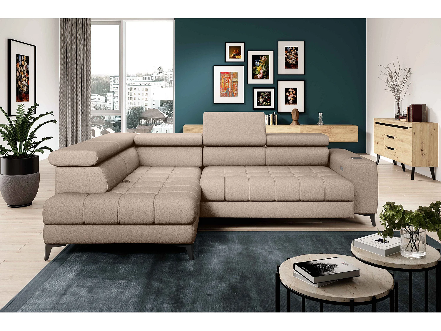 BAGGIO narożnik 280×196 z funkcją spania, pojemnikiem, regulacją siedziska, zagłówkami, tkanina Letto, lewa strona, beżowy 4047318
