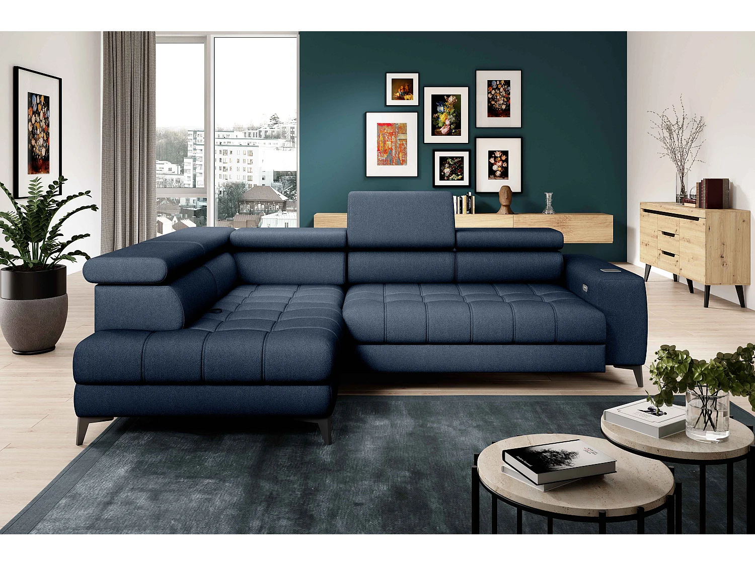BAGGIO narożnik 280×196 z funkcją spania, pojemnikiem, regulacją siedziska, zagłówkami, tkanina Letto, lewa strona, granatowy 4047319