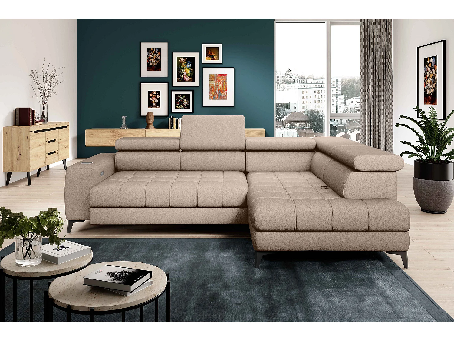 BAGGIO narożnik 280×196 z funkcją spania, pojemnikiem, regulacją siedziska, zagłówkami, tkanina Letto, prawa strona, beżowy 4047321