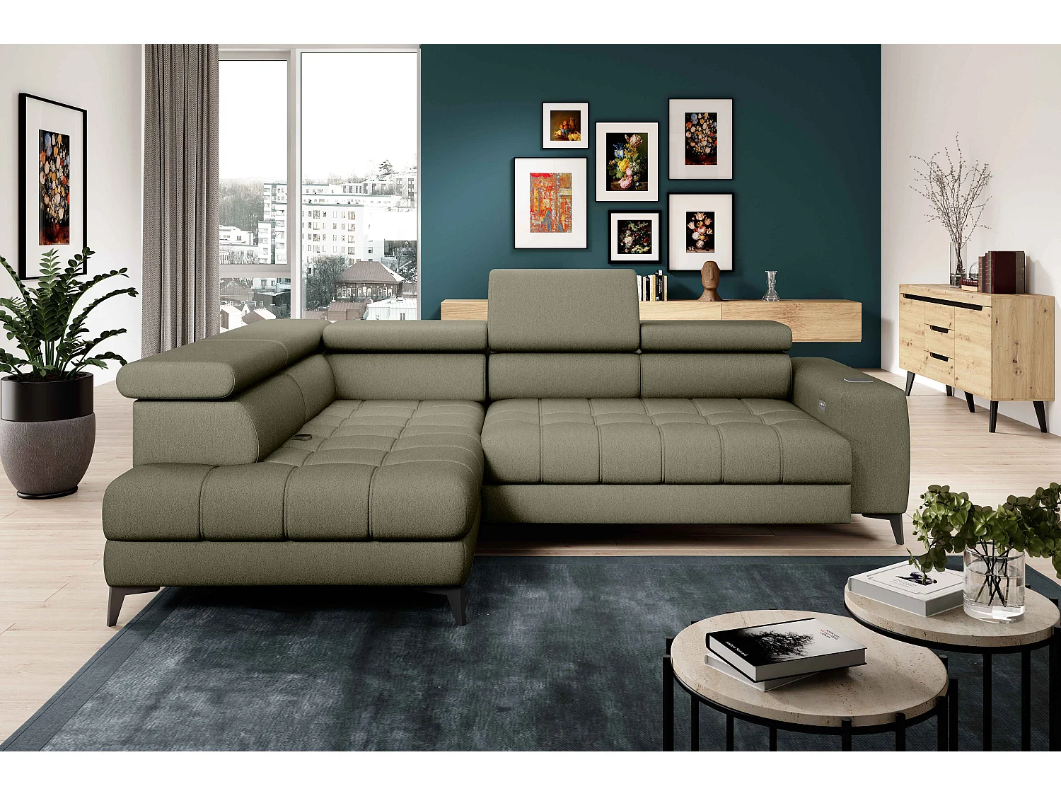 BAGGIO narożnik 280×196 z funkcją spania, pojemnikiem, regulacją siedziska, zagłówkami, tkanina Letto, lewa strona, jasnozielony 4047320