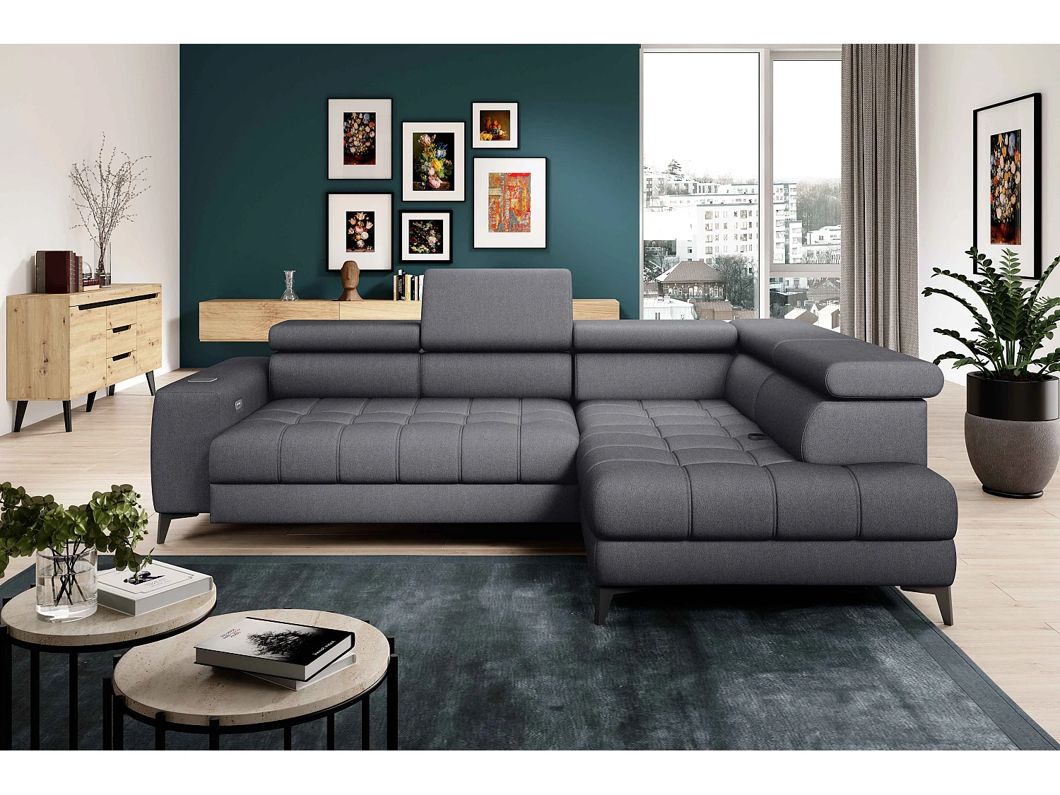 BAGGIO narożnik 280×196 z funkcją spania, pojemnikiem, regulacją siedziska, zagłówkami, tkanina Letto, prawa strona, ciemnoszary 4047322